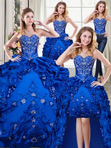 Fashion Four Piece Sleeveless Floor Length Beading and Embroidery and Pick Ups Lace Up Vestidos de Quinceanera with Royal Blue