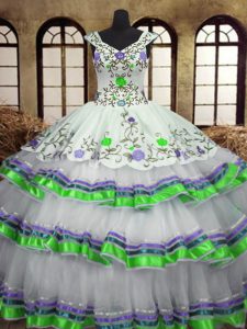 Exquisite Organza and Taffeta Straps Sleeveless Lace Up Embroidery and Ruffled Layers Vestidos de Quinceanera in White