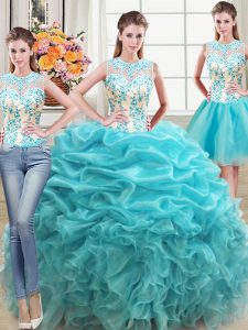 Hot Selling Three Piece Scoop Sleeveless Lace Up Floor Length Beading and Ruffles Ball Gown Prom Dress
