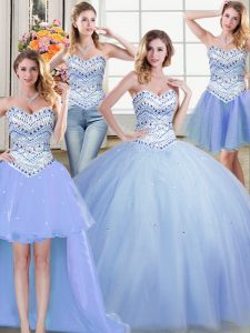 Superior Four Piece Sweetheart Sleeveless Quinceanera Dress Floor Length Beading Light Blue Tulle