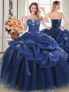 Sleeveless Floor Length Beading and Pick Ups Lace Up Quinceanera Gowns with Navy Blue