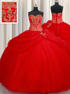 Pick Ups Floor Length Ball Gowns Sleeveless Red Vestidos de Quinceanera Lace Up