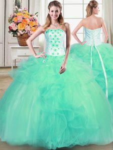 Super Turquoise Tulle Lace Up Strapless Sleeveless Floor Length Quinceanera Dress Beading and Appliques and Ruffles
