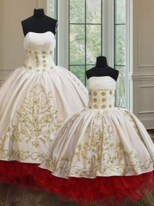 Sleeveless Floor Length Embroidery and Ruffled Layers Lace Up Quinceanera Gown with White and Red