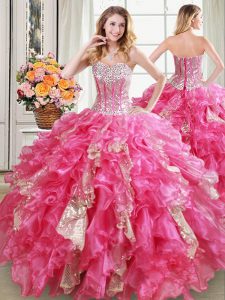 Vintage Hot Pink Lace Up Sweet 16 Dress Beading and Ruffles and Sequins Sleeveless Floor Length