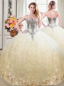 Amazing Champagne Ball Gowns Tulle and Lace Sweetheart Sleeveless Beading and Lace Floor Length Lace Up Ball Gown Prom Dress