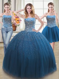 Fantastic Three Piece Teal Sleeveless Tulle Lace Up Sweet 16 Dress for Military Ball and Sweet 16 and Quinceanera