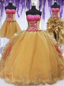 Four Piece Hot Pink and Gold Strapless Neckline Beading and Lace and Ruffles Quinceanera Dresses Sleeveless Lace Up