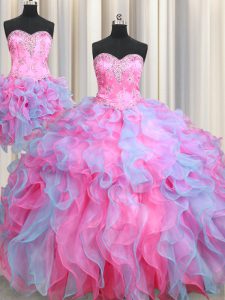 Three Piece Organza Sweetheart Sleeveless Lace Up Beading and Ruffles Quinceanera Gowns in Multi-color