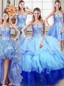 Glorious Four Piece Multi-color Ball Gown Prom Dress Military Ball and Sweet 16 and Quinceanera and For with Ruffles and Sequins Sweetheart Sleeveless Lace Up