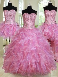 Elegant Four Piece Multi-color Ball Gowns Organza Sweetheart Sleeveless Beading and Ruffles Floor Length Lace Up Sweet 16 Dress