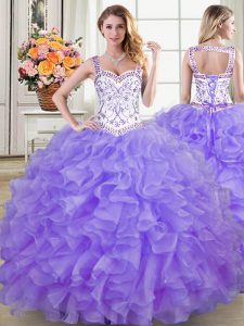 Charming Straps Lavender Lace Up Quinceanera Dress Beading and Lace and Ruffles Sleeveless Floor Length