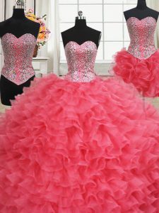 Three Piece Floor Length Lace Up Quinceanera Dresses Coral Red for Military Ball and Sweet 16 and Quinceanera with Beading and Ruffles