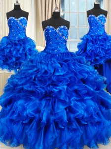 Extravagant Four Piece Royal Blue Sleeveless Organza Lace Up Quinceanera Gown for Military Ball and Sweet 16 and Quinceanera