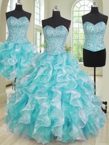 Three Piece Beading and Ruffles Vestidos de Quinceanera Blue And White Lace Up Sleeveless