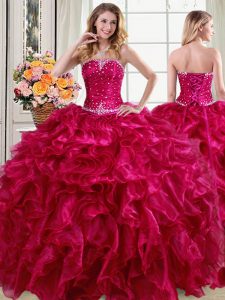 Fuchsia Lace Up 15th Birthday Dress Beading and Ruffles Sleeveless Floor Length