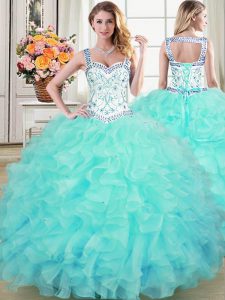 Straps Sleeveless Beading and Lace and Ruffles Lace Up Quinceanera Gown