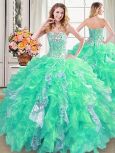 Floor Length Turquoise Sweet 16 Dresses Organza Sleeveless Beading and Ruffles and Sequins