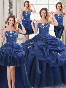 New Arrival Four Piece Sweetheart Sleeveless Lace Up 15th Birthday Dress Navy Blue Organza