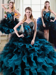 Four Piece Organza and Tulle Sweetheart Sleeveless Lace Up Beading and Ruffles and Hand Made Flower Sweet 16 Dresses in Black and Blue