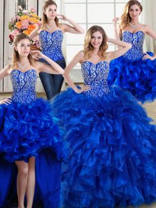 Gorgeous Four Piece Royal Blue Sweetheart Lace Up Beading and Ruffles 15th Birthday Dress Brush Train Sleeveless