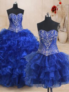 Beauteous Three Piece Royal Blue Ball Gowns Beading and Ruffles Quince Ball Gowns Lace Up Organza Sleeveless With Train
