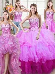 Modern Four Piece Sleeveless Ruffles and Sequins Lace Up Quinceanera Gowns