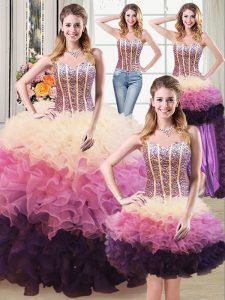 Four Piece Multi-color Sleeveless Organza Lace Up Quince Ball Gowns for Military Ball and Sweet 16 and Quinceanera