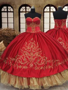 Wine Red Ball Gowns Sweetheart Sleeveless Organza and Taffeta Floor Length Lace Up Beading and Embroidery Ball Gown Prom Dress