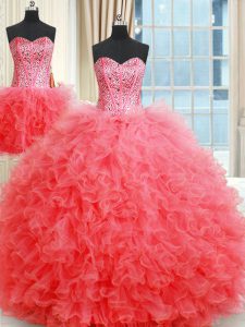 Three Piece Coral Red Ball Gowns Organza Sweetheart Sleeveless Beading and Ruffles Floor Length Lace Up 15th Birthday Dress