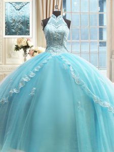 Halter Top Sleeveless Floor Length Beading and Lace and Appliques Lace Up Sweet 16 Dresses with Aqua Blue