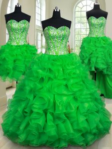 Gorgeous Four Piece Organza Sweetheart Sleeveless Lace Up Beading and Ruffles Quince Ball Gowns in Green