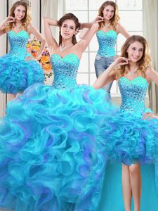 Inexpensive Four Piece Floor Length Ball Gowns Sleeveless Multi-color Quinceanera Gown Lace Up
