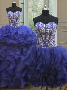 Stylish Three Piece Sleeveless Beading and Ruffles Lace Up Quinceanera Gown