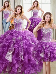 Best Four Piece Sleeveless Floor Length Beading and Ruffles and Sequins Lace Up 15th Birthday Dress with Purple