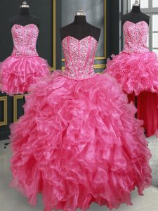 Four Piece Sleeveless Floor Length Beading and Ruffles Lace Up Quinceanera Dress with Hot Pink