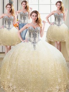 Four Piece Sleeveless Floor Length Beading and Lace Lace Up Quince Ball Gowns with Champagne