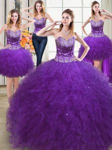 Luxurious Four Piece Eggplant Purple Lace Up Sweetheart Beading and Ruffles Sweet 16 Quinceanera Dress Tulle Sleeveless
