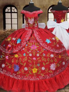 Amazing Off the Shoulder Red Sleeveless Embroidery and Bowknot Floor Length 15th Birthday Dress