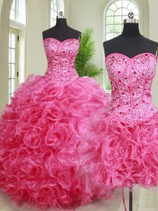 Exceptional Three Piece Sweetheart Sleeveless Lace Up 15th Birthday Dress Hot Pink Organza