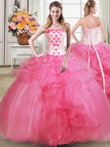 Floor Length Lace Up 15th Birthday Dress Hot Pink for Military Ball and Sweet 16 and Quinceanera with Beading and Appliques and Ruffles