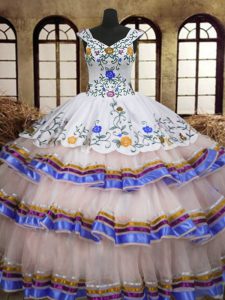 White Ball Gowns Organza and Taffeta Straps Sleeveless Embroidery and Ruffled Layers Floor Length Lace Up 15th Birthday Dress