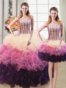Three Piece Multi-color Organza Lace Up Quinceanera Gowns Sleeveless Floor Length Beading and Ruffles