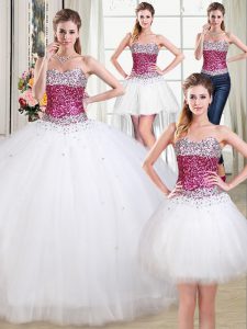 Four Piece White Ball Gowns Beading Quinceanera Dress Lace Up Tulle Sleeveless Floor Length