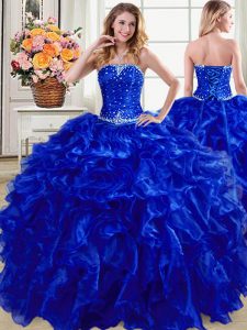 Customized Sleeveless Organza Floor Length Lace Up Quinceanera Gowns in Royal Blue with Beading and Ruffles