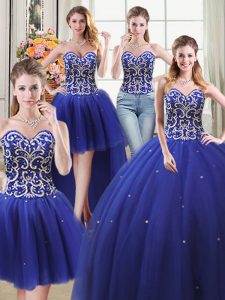 Four Piece Royal Blue Tulle Lace Up Sweetheart Sleeveless Floor Length Quinceanera Dress Beading