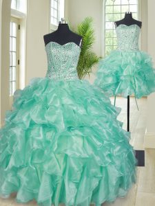 Inexpensive Three Piece Apple Green Ball Gowns Organza Sweetheart Sleeveless Beading and Ruffles Floor Length Lace Up Quinceanera Dress