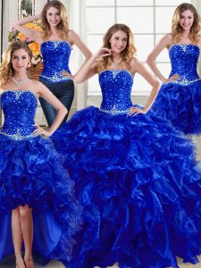 Four Piece Royal Blue Organza Lace Up Quinceanera Dress Sleeveless Floor Length Beading and Ruffles