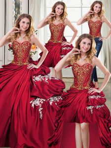 Best Selling Four Piece Wine Red Sweetheart Neckline Beading and Appliques and Pick Ups Quinceanera Dress Sleeveless Lace Up
