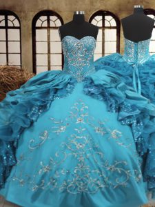 Affordable Teal Lace Up Sweetheart Beading and Embroidery and Ruffles Sweet 16 Quinceanera Dress Organza and Taffeta Sleeveless